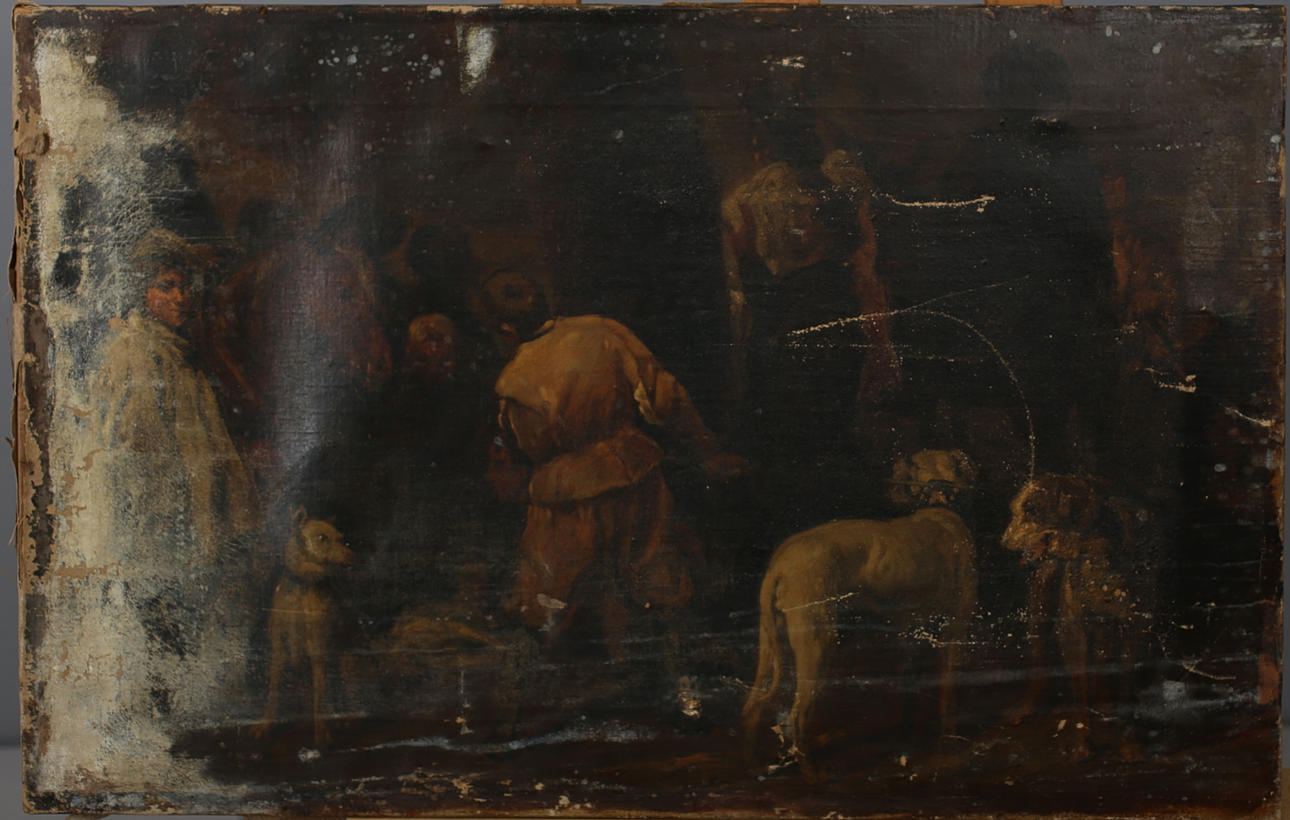 OKÄND KONSTNÄR. Folksamling med hundar. Olja på duk. Italien, 1800-tal. Osignerad.