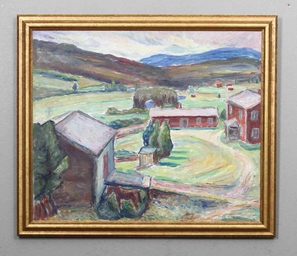 GÖSTA WESSTRÖM. Olja på duk, gårdsidyll, signerad.