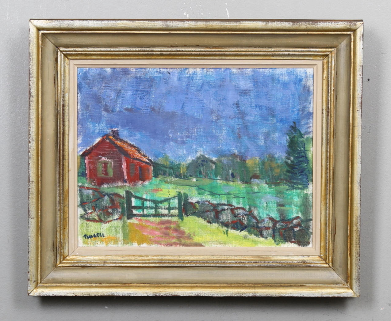 PÄR THORELL. Olja på duk, landskapsbild med hus, signerad.