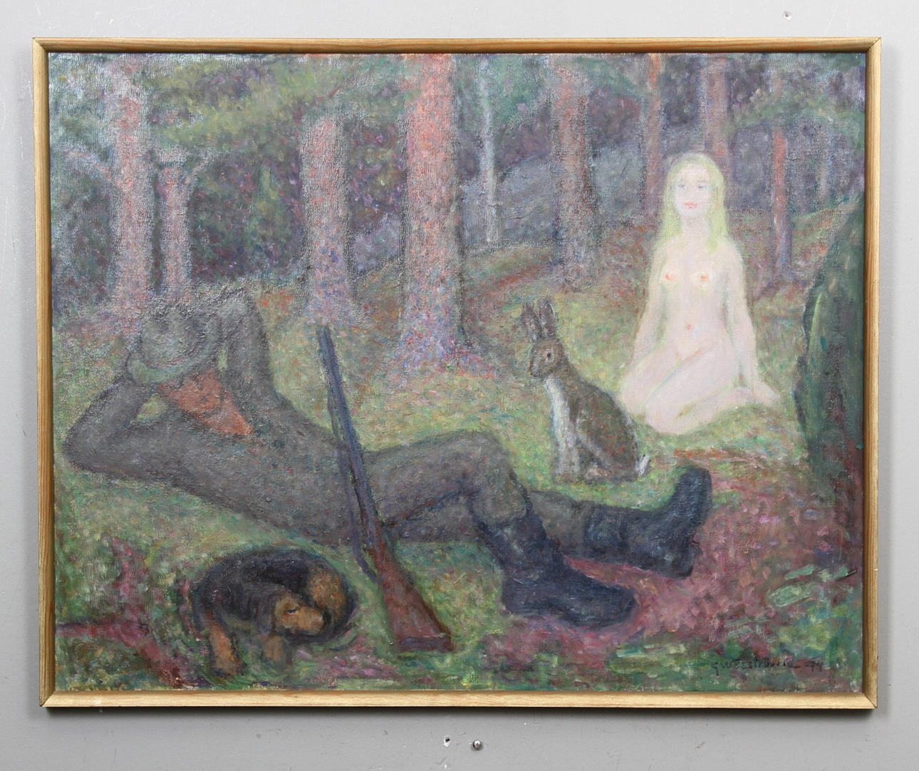 GÖSTA WESSTRÖM. Olja på duk, sovande jägare och hund, signerad och daterad 74.