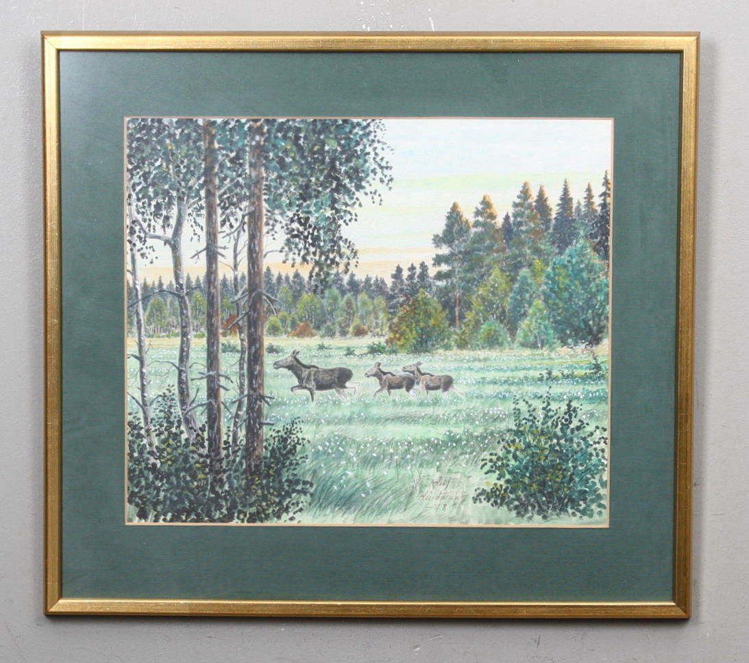 LEIF LINDSTRÖM. Blandteknik, "älgar på fält" signerad och daterad 78.