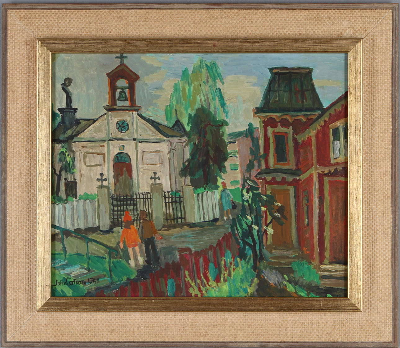 JOHN CARLSSON. Alby kyrka, Lilla Alby - Sundbyberg, olja på pannå, signerad och daterad 1968.