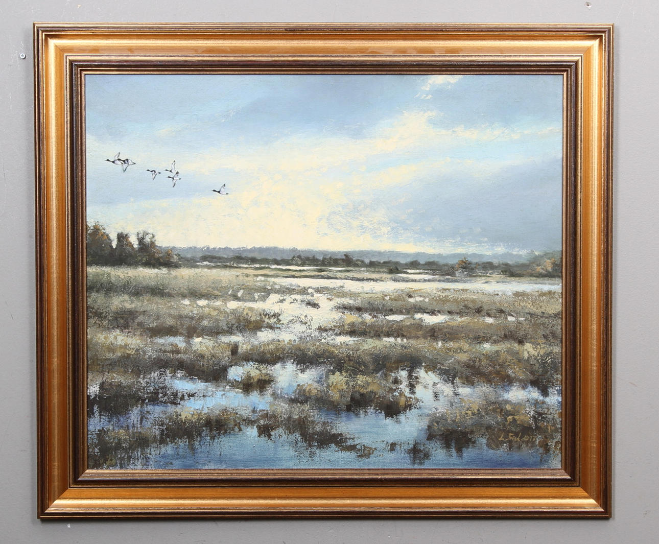 LENNART FRISK. Olja på duk, "fällande änder, signerad L. Frisk samt daterad 1977.