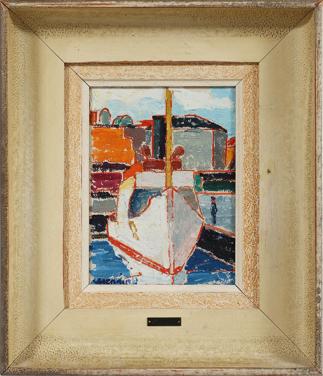 WILHEM HENNING. Olja på pannå. Hamnmotiv. Signerad W Henning.