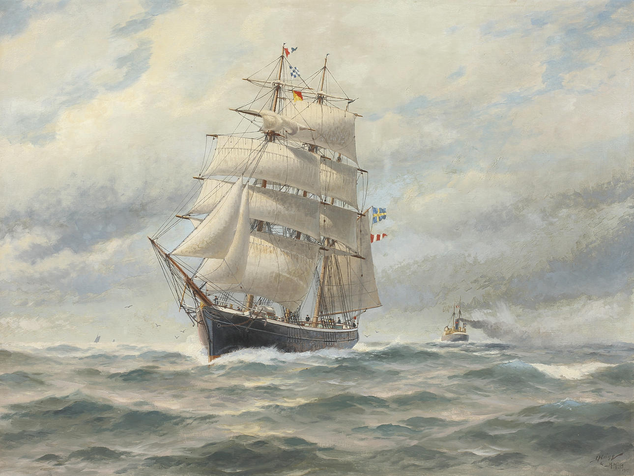 HERMAN HÄGG (1884-1966) & JACOB HÄGG (1839-1931). Segelfartyg till havs. Olja på duk.