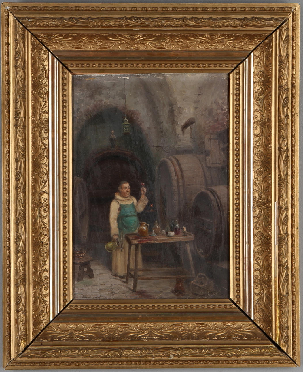 FRANS WILHELM ODELMARK. Munk i vinkällare, olja på duk, signerad.