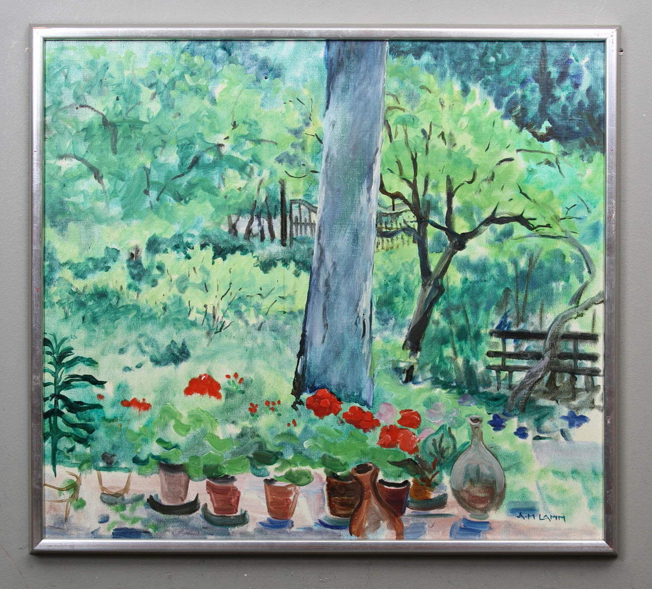 ANN-MARIE LAMM. Olja på duk, krukor i motljus, signerad.