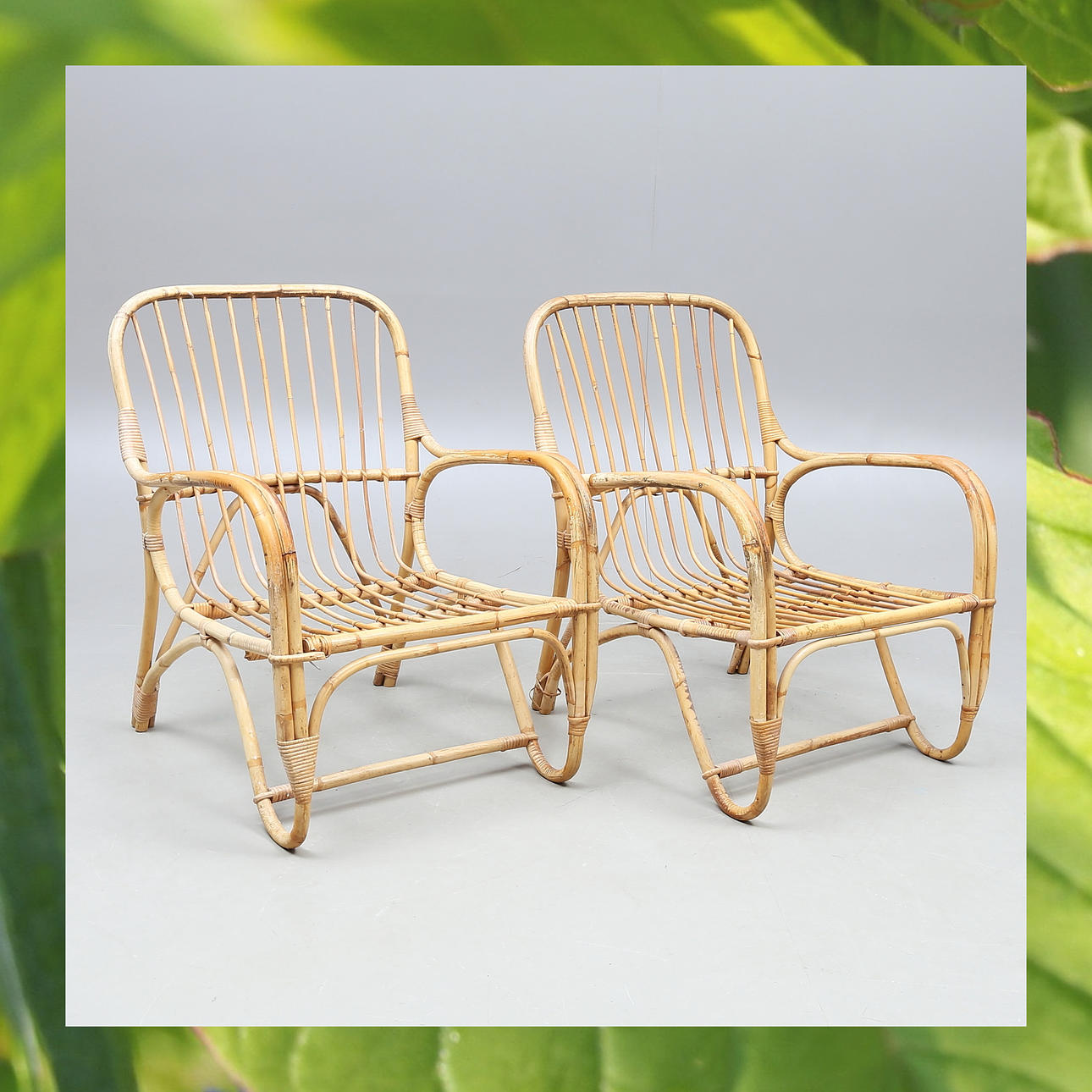 TRÄDGÅRDSFÅTÖLJER, ett par, rotting samt bambu, 1900-tal.