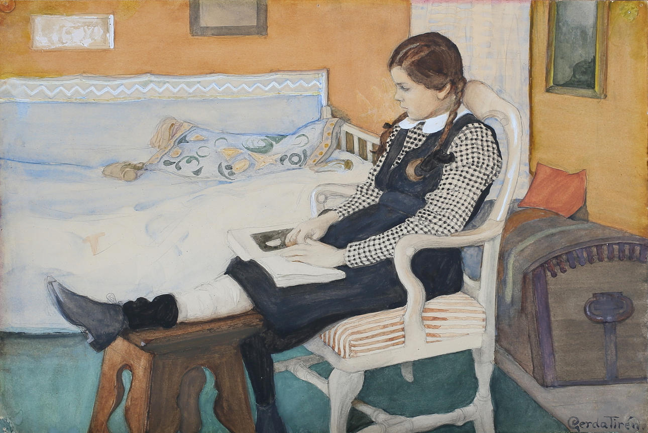 GERDA TIRÉN. "The invalid", watercolour, signed.