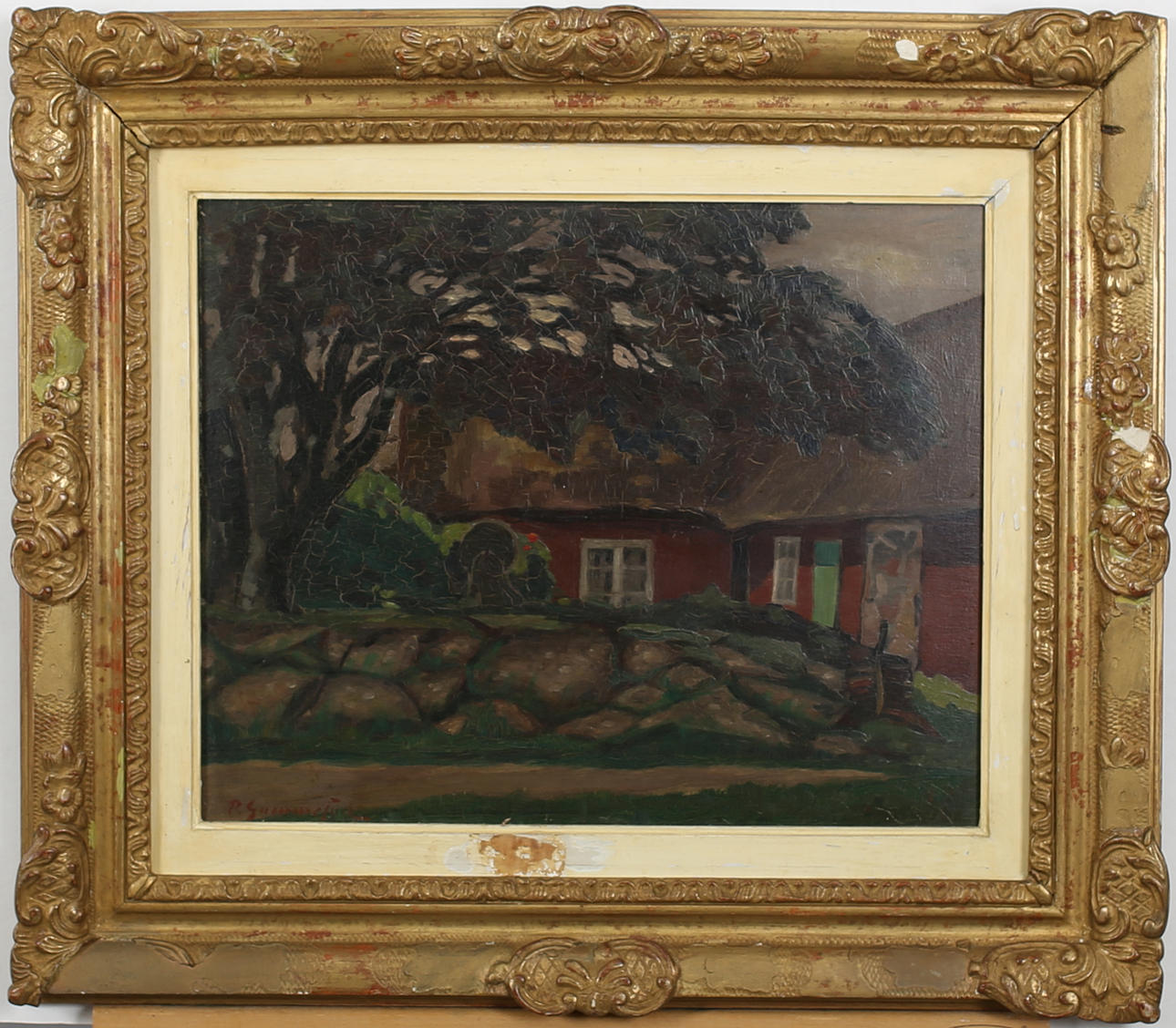 PER GUMMESSON. Innergård. Olja på pannå. Signerad P Gummesson.