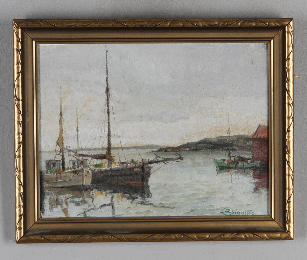 JENS SINDING CHRISTENSEN. Hamnmotiv, olja på pannå, signerad.