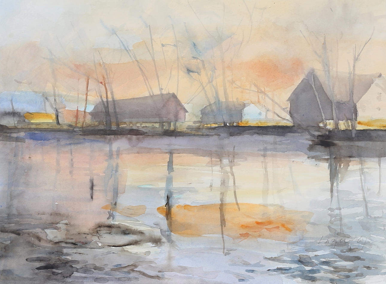 HÅKAN LAGER. "Am Fluss". Aquarell, signiert.