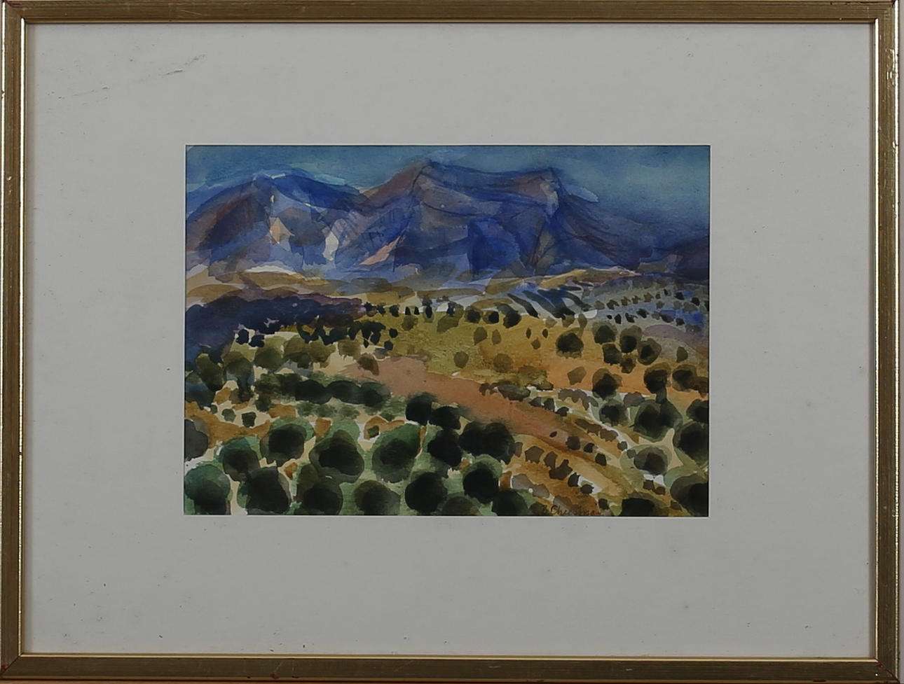 BARBRO CHESSMAN. Sydländskt landskap. Akvarell. Signerad B Cheesman.