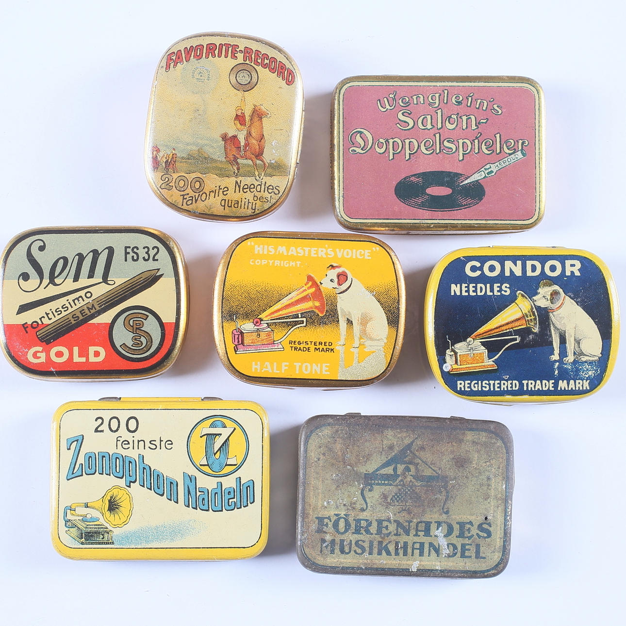 TIN CANS, 7 pcs, gramophone needles.
