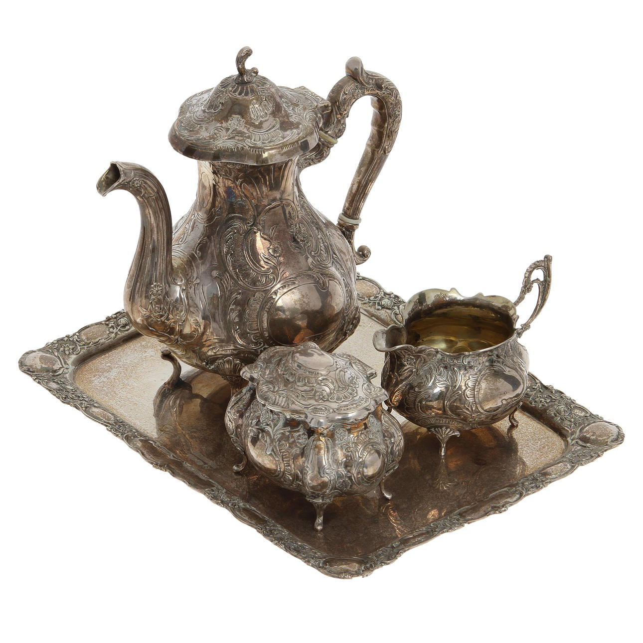 KAFFESERVIS, 4 delar, silver, rokokostil, Gewe, 1967 - 77, Malmö, Sverige, ca 2128 gram.