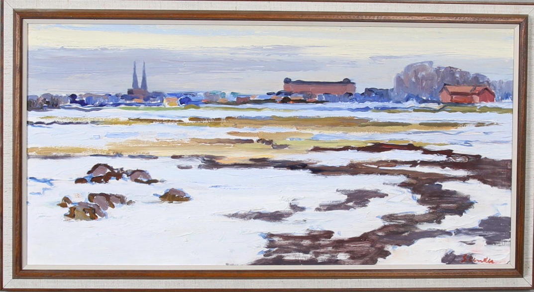 SVEN LINDER. "Uppsala vår". Olja på pannå, signerad.