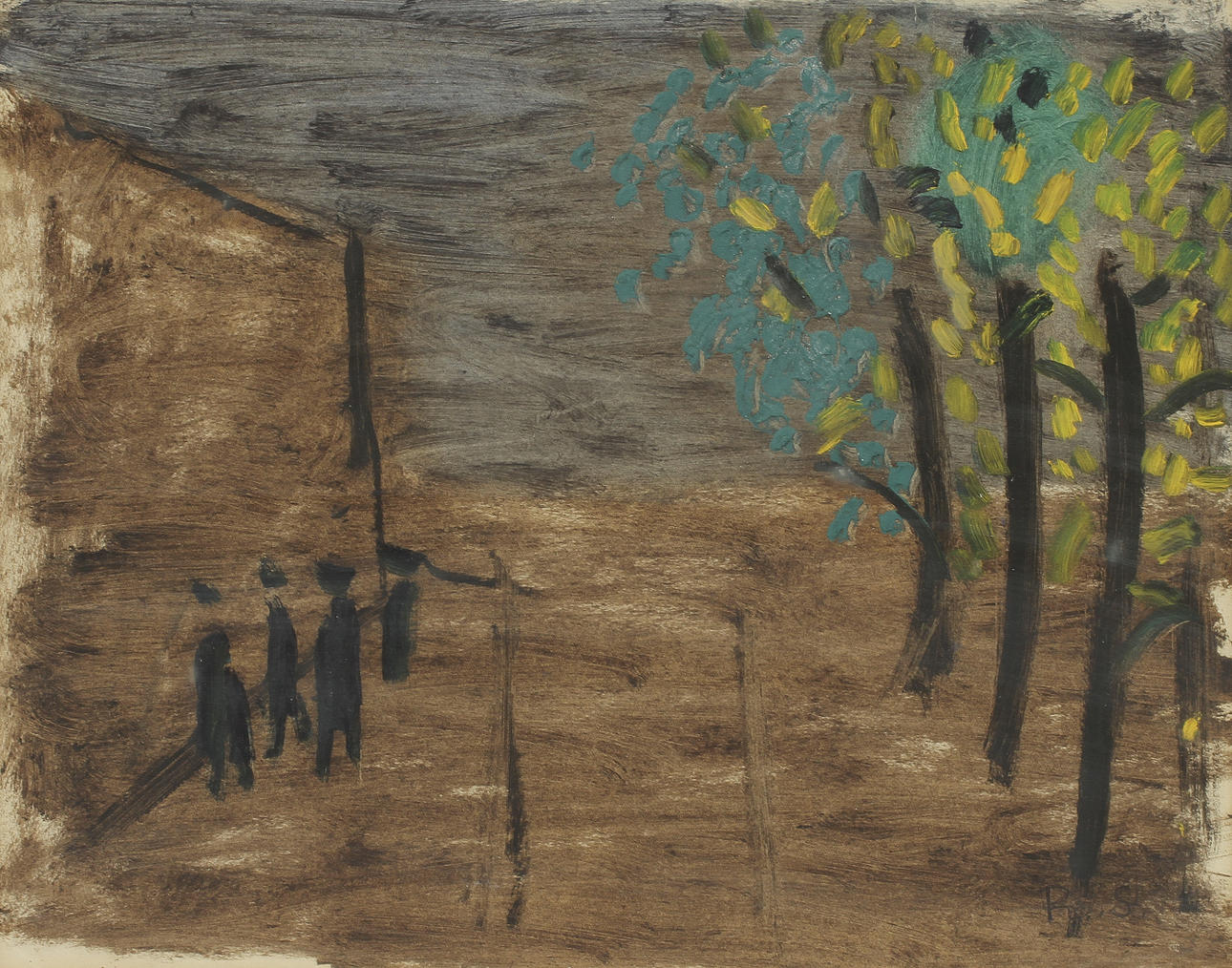 RAGNAR SANDBERG (1902-1972). Figurer i allé. Gouache och olja på papper.