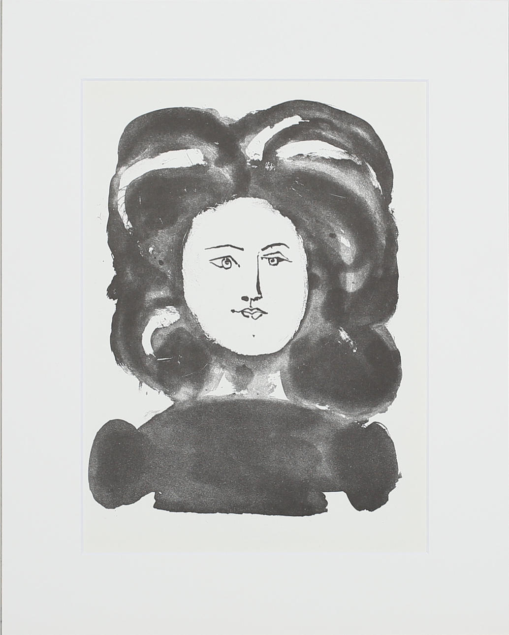 PABLO PICASSO. EFTER. Tete de femme a la chevelure. Litografi. Osignerad.