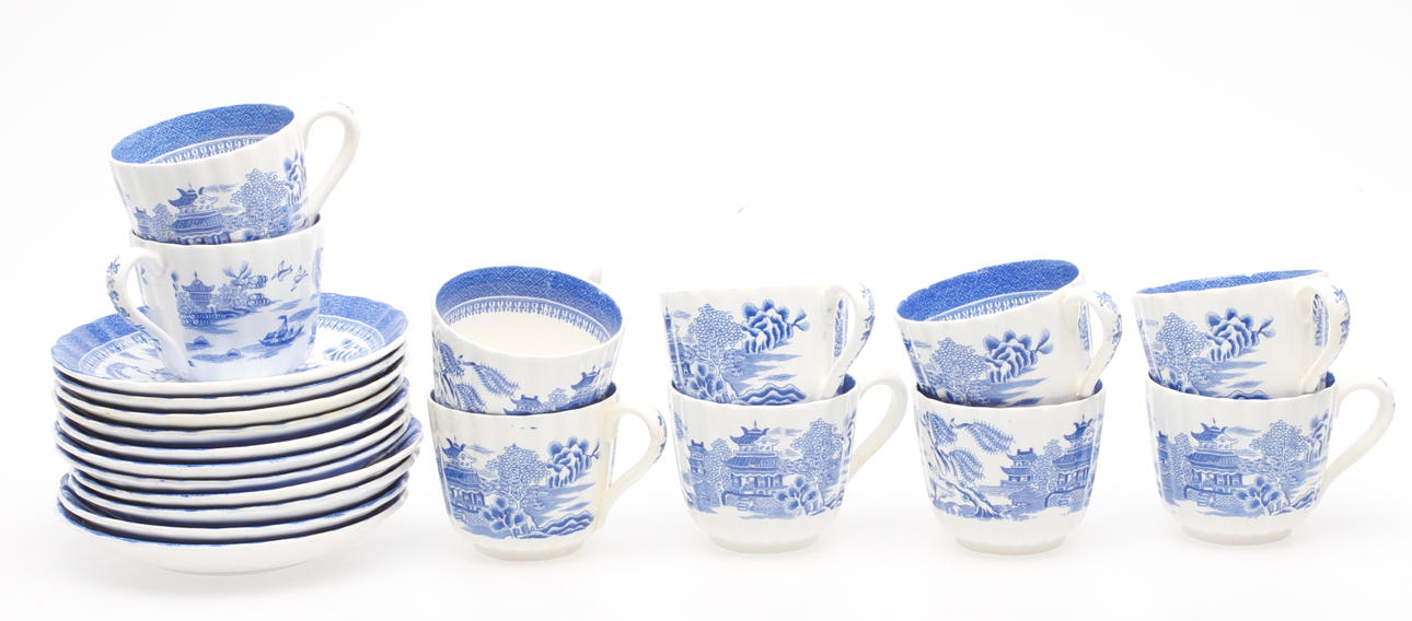 KAFFEKOPPAR med FAT, 10 st, flintgods, "Willow", Gustafsberg.