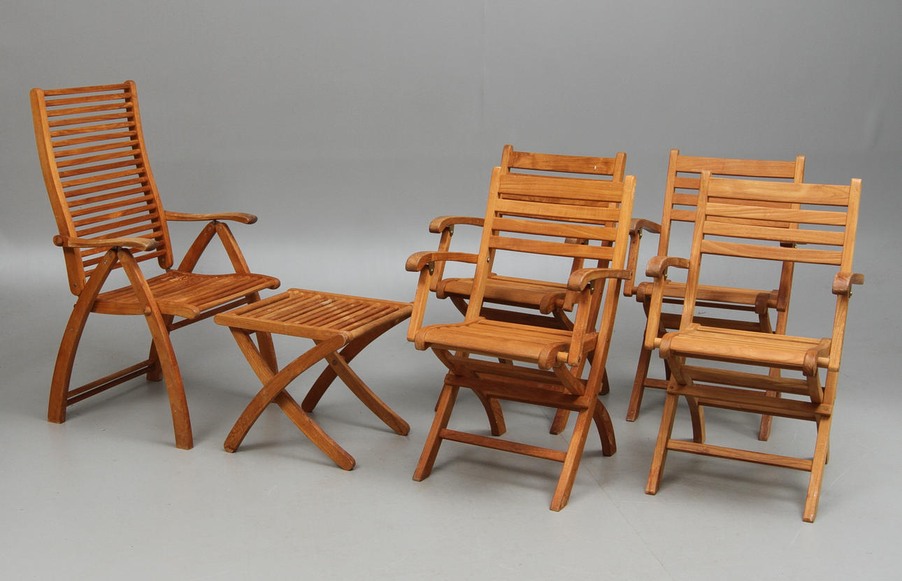 TRÄDGÅRDSMÖBLER Karmstolar 4 +1 samt fotpall. 1900/2000-tal.