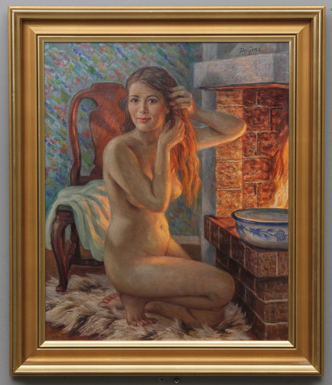 PER-HILDING PERJONS. Vid öppna spisen. Olja på duk. Signerad Perjons.