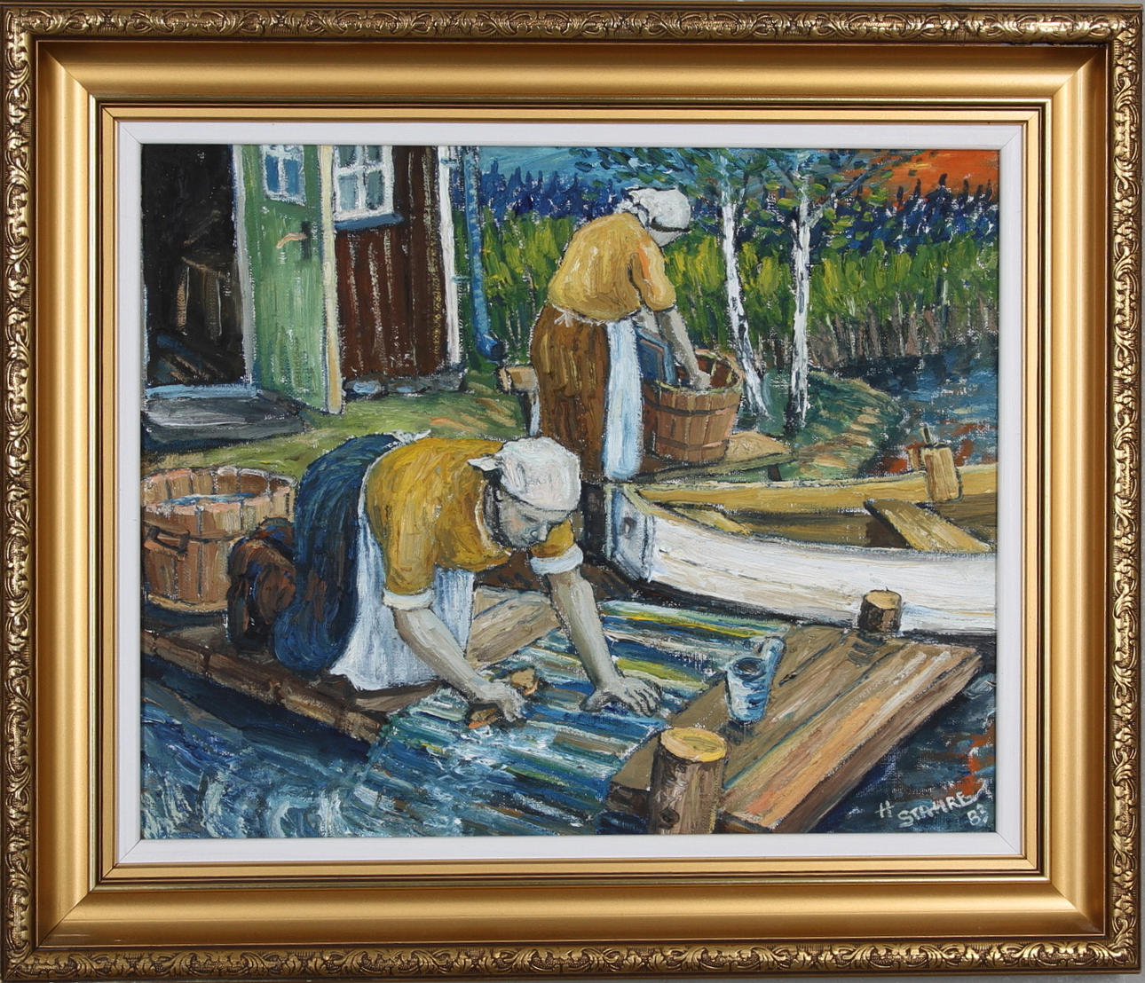 HÅKAN STAHRE. Byk på bryggan. Olja på duk, signerad och daterad 83.