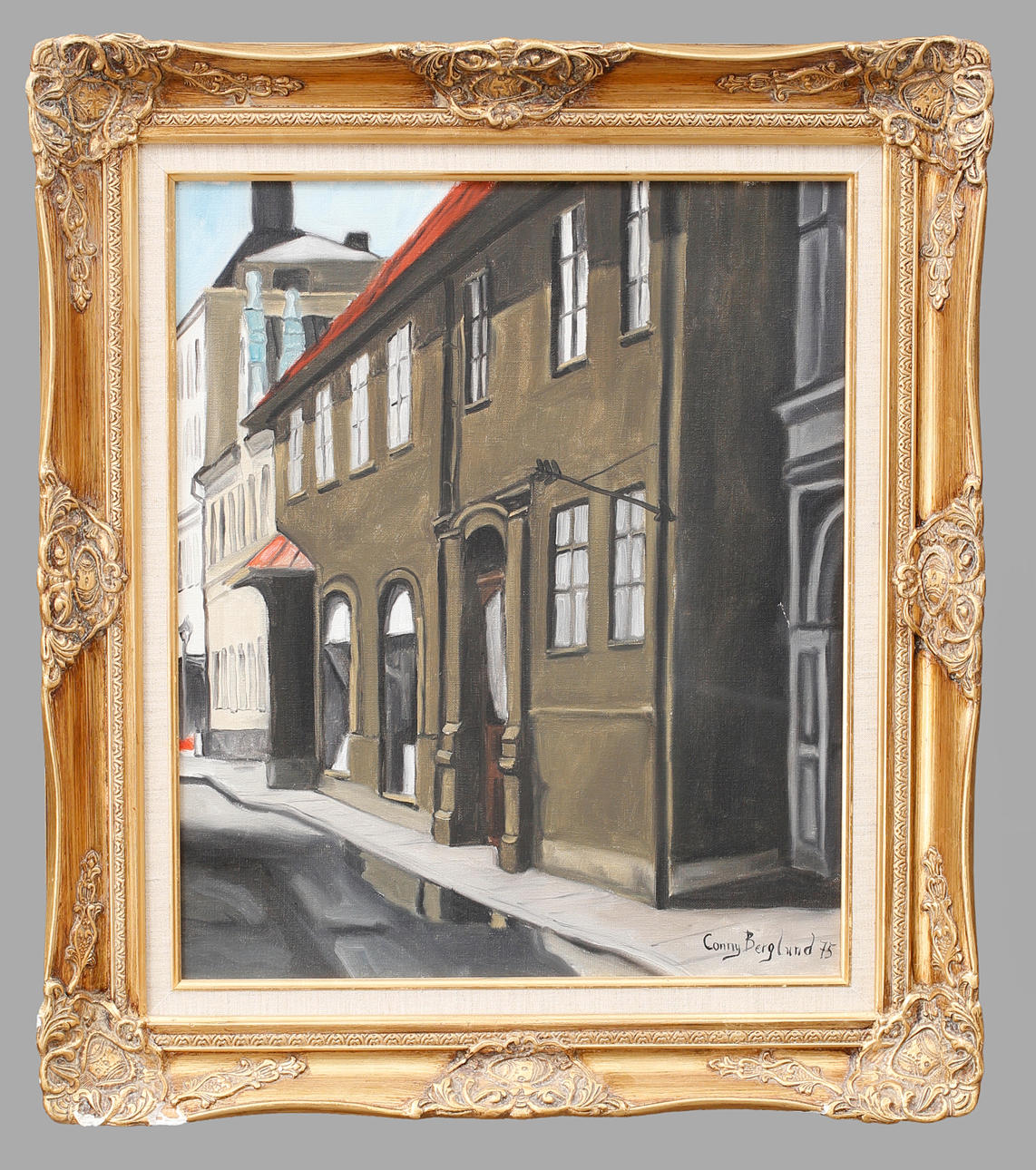 CONNY BERGLUND. Oil on canvas, "Kyrkogatan", Malmö, signed, dated 75.