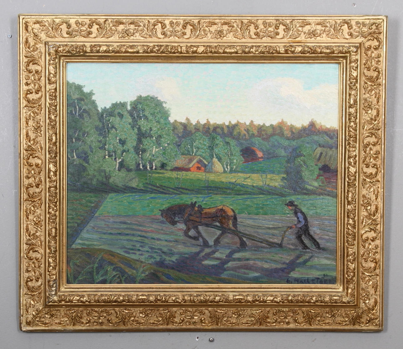 GUNNAR HALLSTRÖM. Åkerlandskap med plöjare. Olja på duk. Signerad G.Hallström.