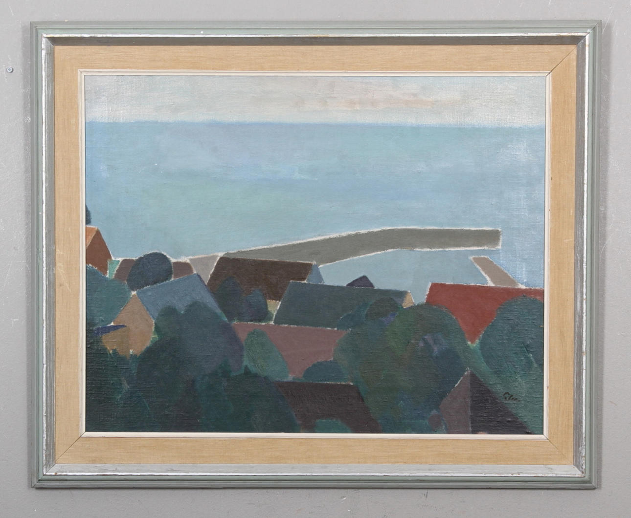 INGVAR ELÉN. Havslandskap med pir. Olja på duk/pannå. Signerad Elén.
