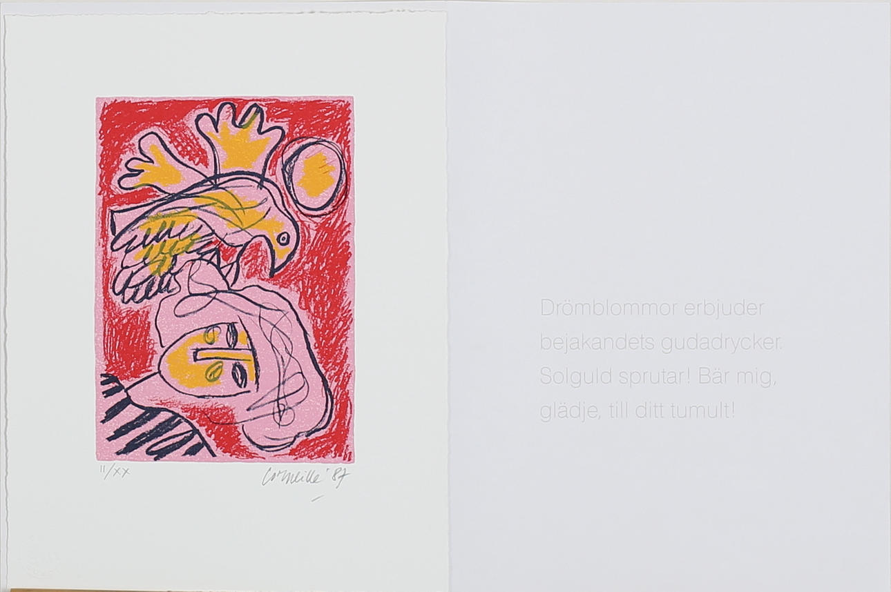 CORNEILLE. "Drömblommor erbjuder bejakandets gudadrycker..." Färglitografi. Signerad och daterad -87. II/XX.