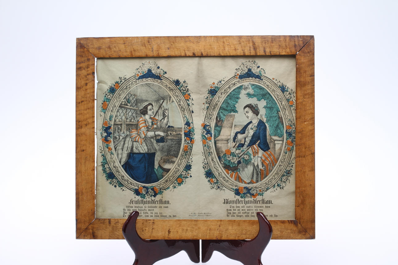 KOLORERAT TRYCK, Frukthandlerskan och Blomsterhandlerskan, Nr 31 Fredric Huldberg Stockholm Basaren å Norrbro, 1800-tal.