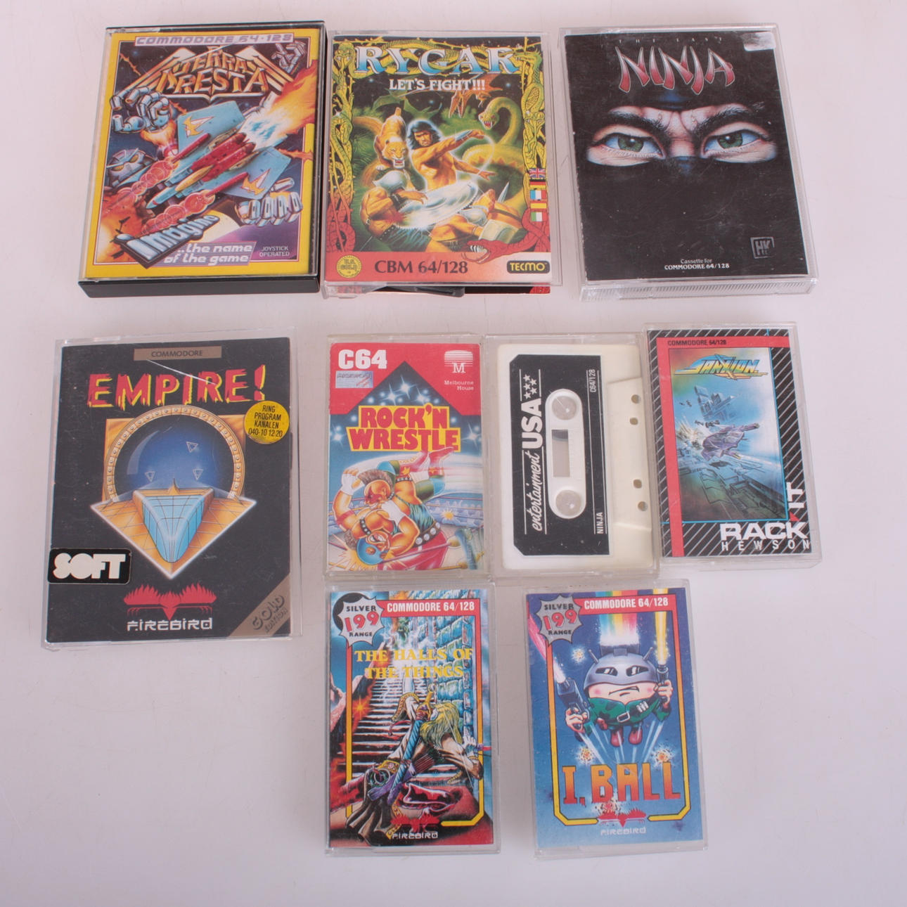 COMMODORE 64 GAMES, 8 pcs, Including "The Last Ninja", "Sanxion" and "Terra Cresta".