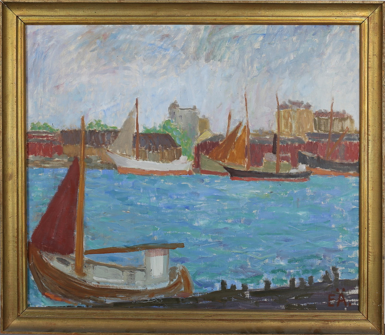 ERLING ÄRLINGSSON. Motiv från Göteborgs hamn. Olja på duk. Signerad E Ä och daterad a tergo 1932.