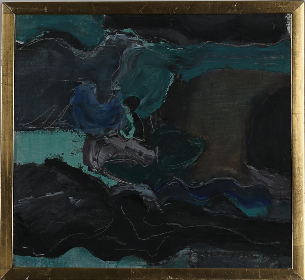 GERT ASPELIN. "Under vattnet II". Olja på pannå. Signerad och daterad 1964. Olja på duk. Signerad.