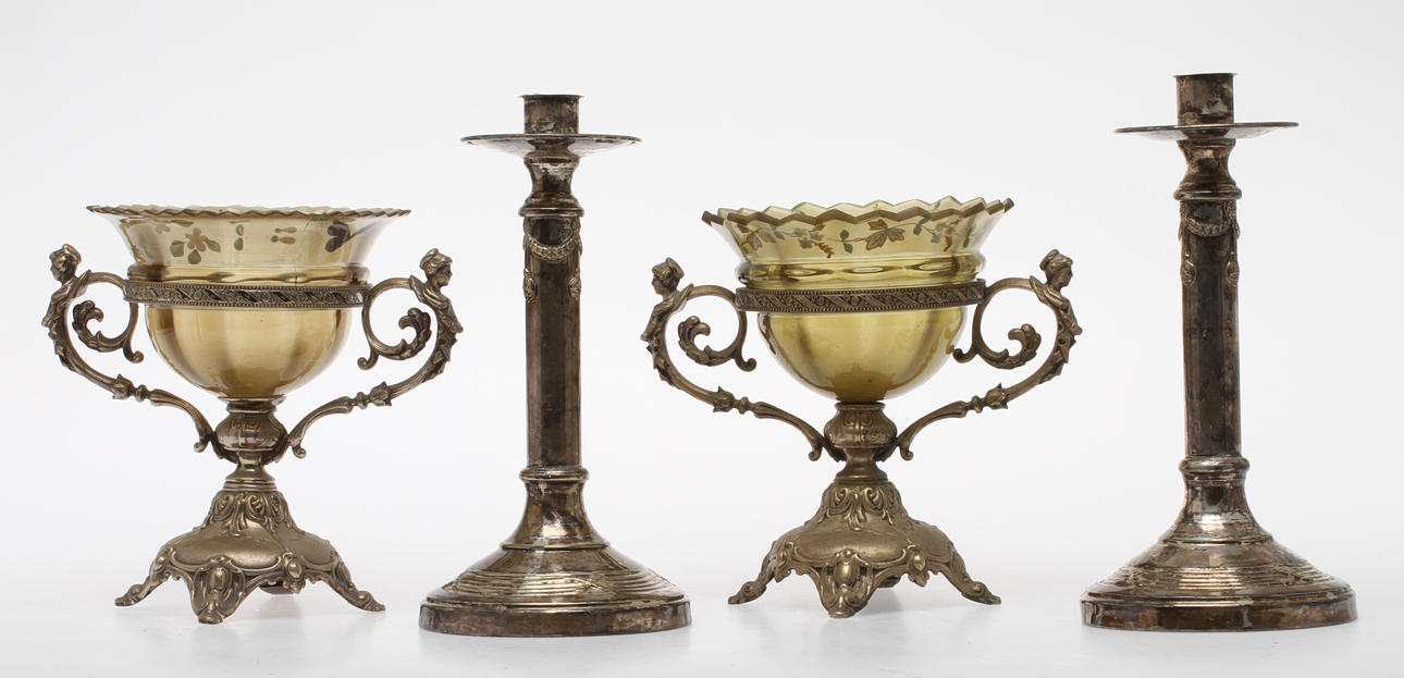 LJUSSTAKAR, 1 par, SKÅLAR, på fot, nysilver, 1900-tal.