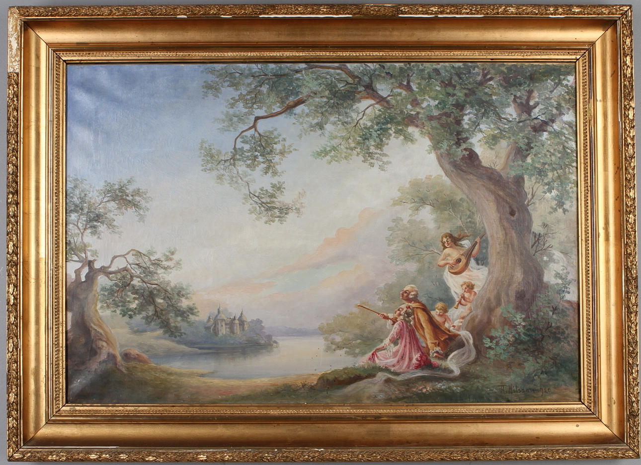 OKÄND KONSTNÄR. Landskapsmotiv med kurtiserande par, olja på duk, signerad och daterad Nilsson 1920.