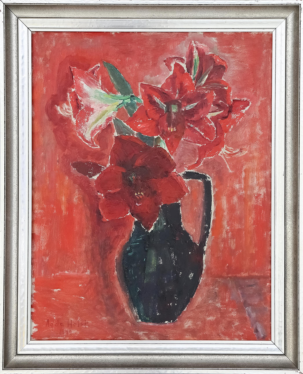 AGDA HOLST. "Red lilies", oil on Board, signed and dated.