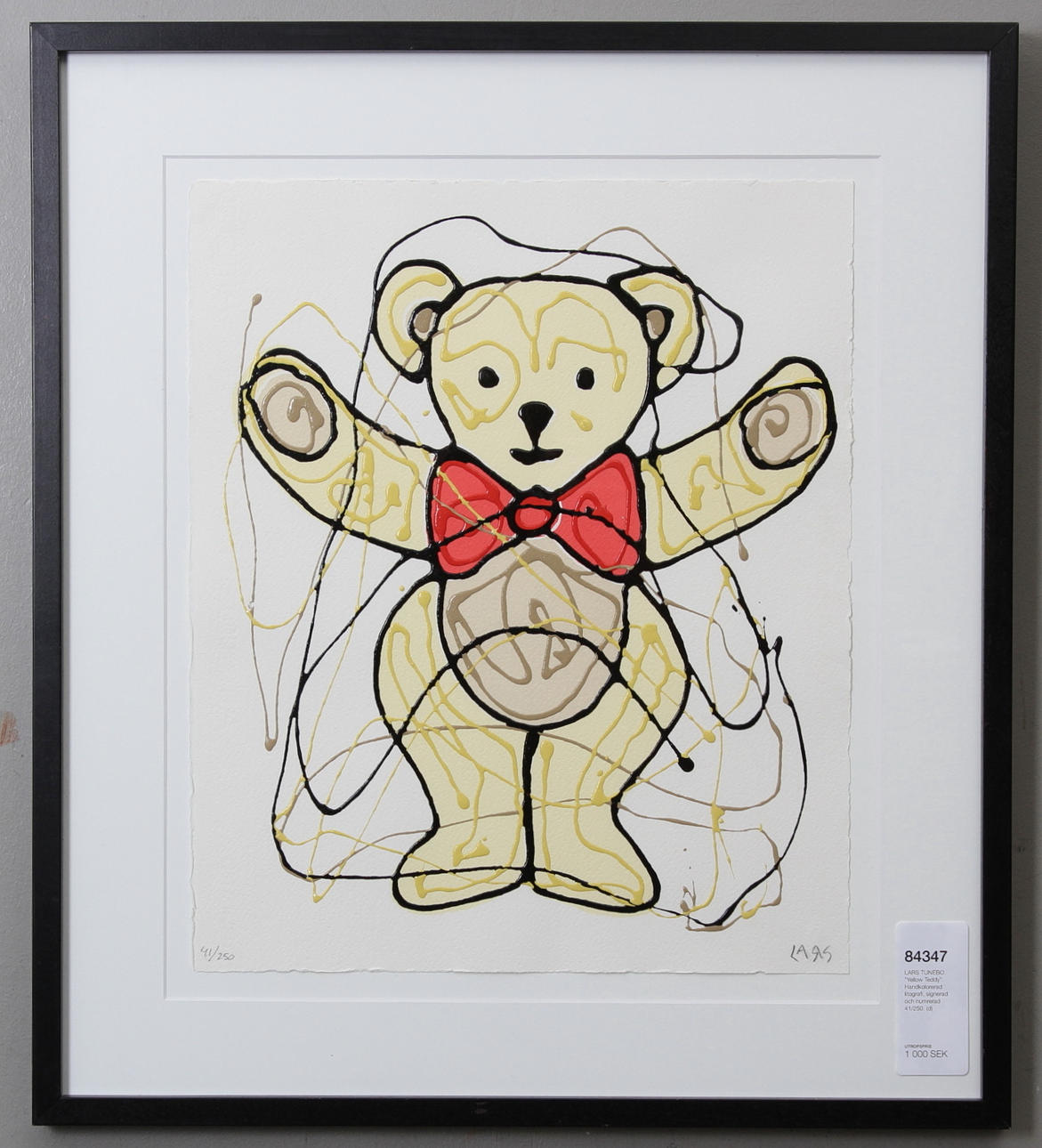 LARS TUNEBO. "Yellow Teddy". Handkolorerad litografi, signerad och numrerad 41/250.