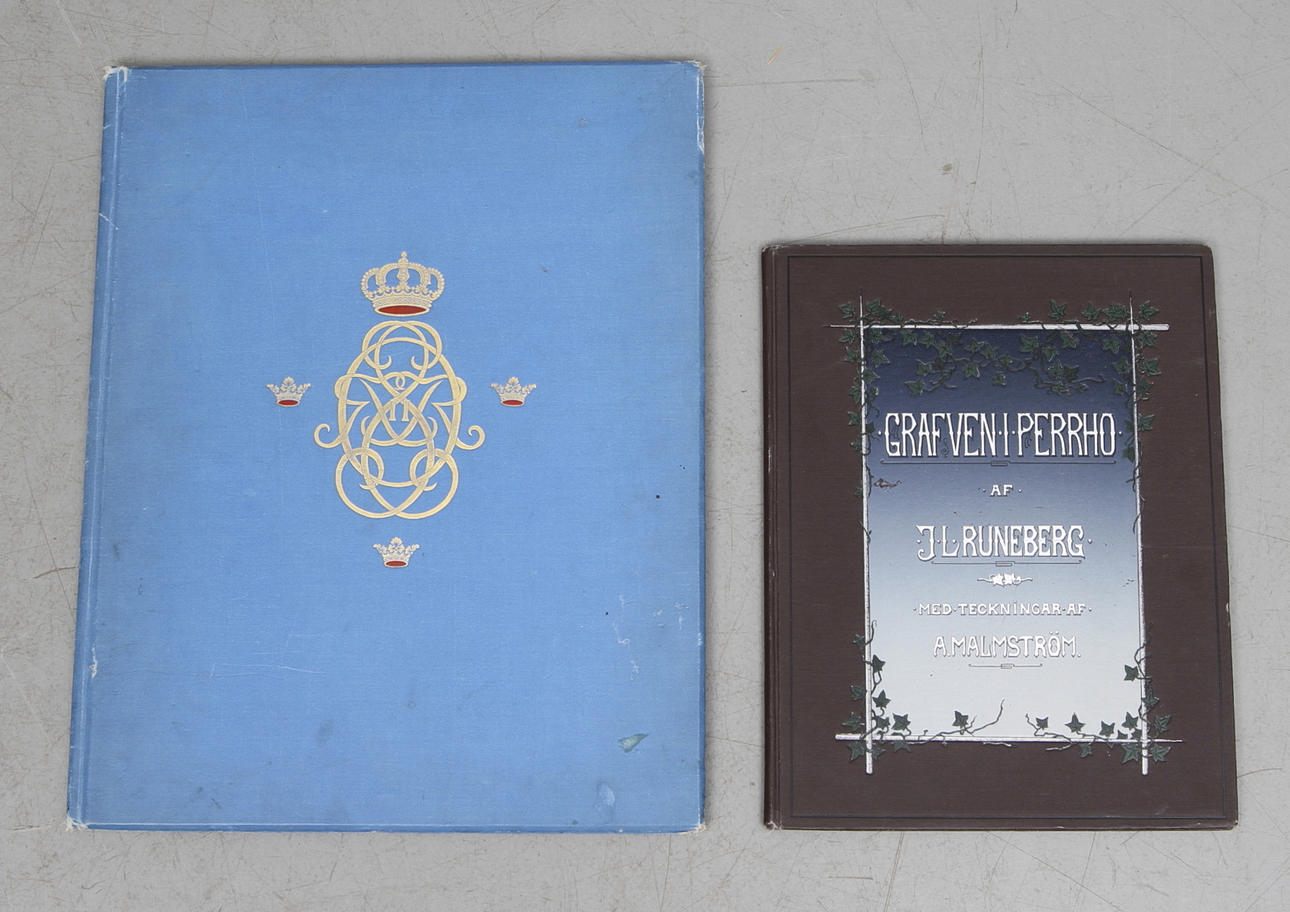 FU WRANGEL (red), "Vår Konung Oscar II - Festskrift för Sveriges folk", Stockholm Fröléen & Co 1903, Samt JL RUNEBERG, "Grafven i Perrho", F&G Beijers, Stockholm 1895.