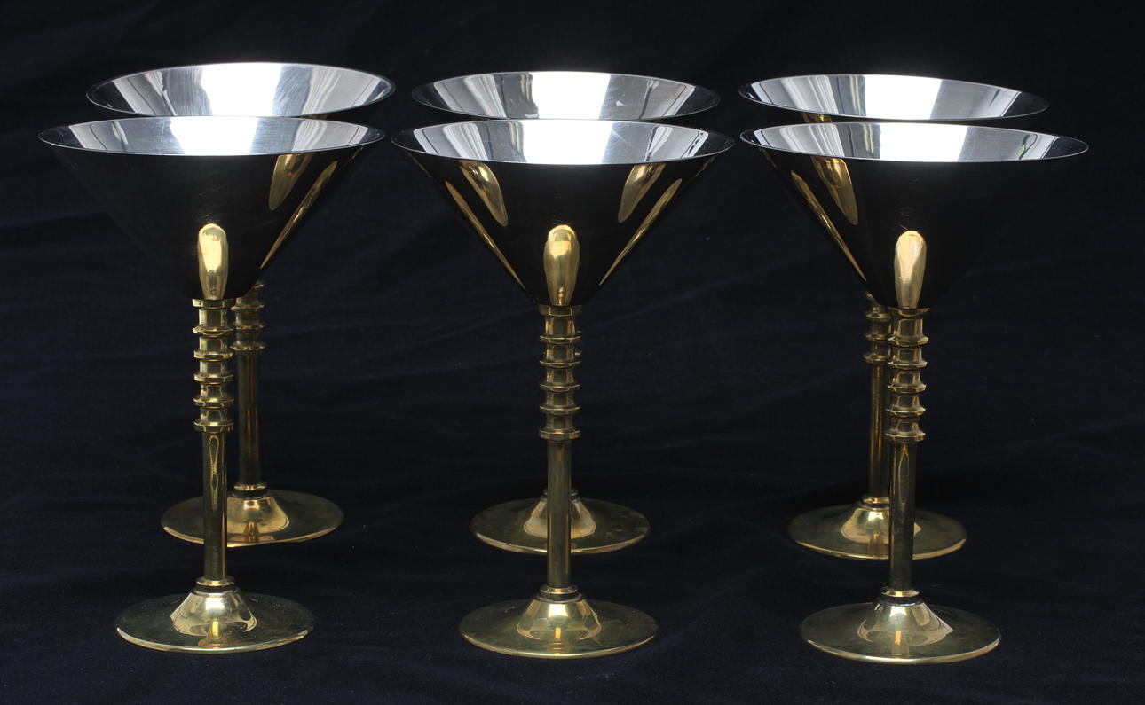 COCKTAILGLAS, 6 st, mässing och nysilver, 1900-talets slut.