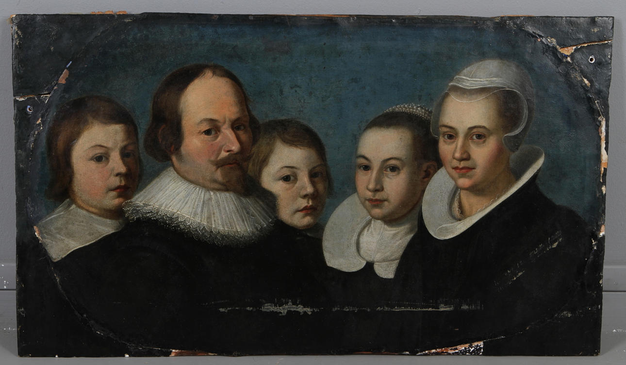 OKÄND KONSTNÄR. Familjeporträtt, flamländsk skola, olja på koppar, 1600-tal.