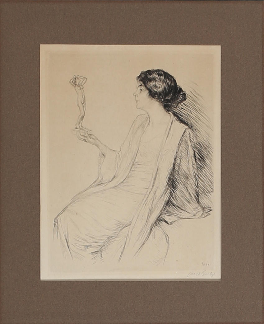 OTTO GOETZE. Dam med statyett. Signerad med blyerts samt signerad i trycket.