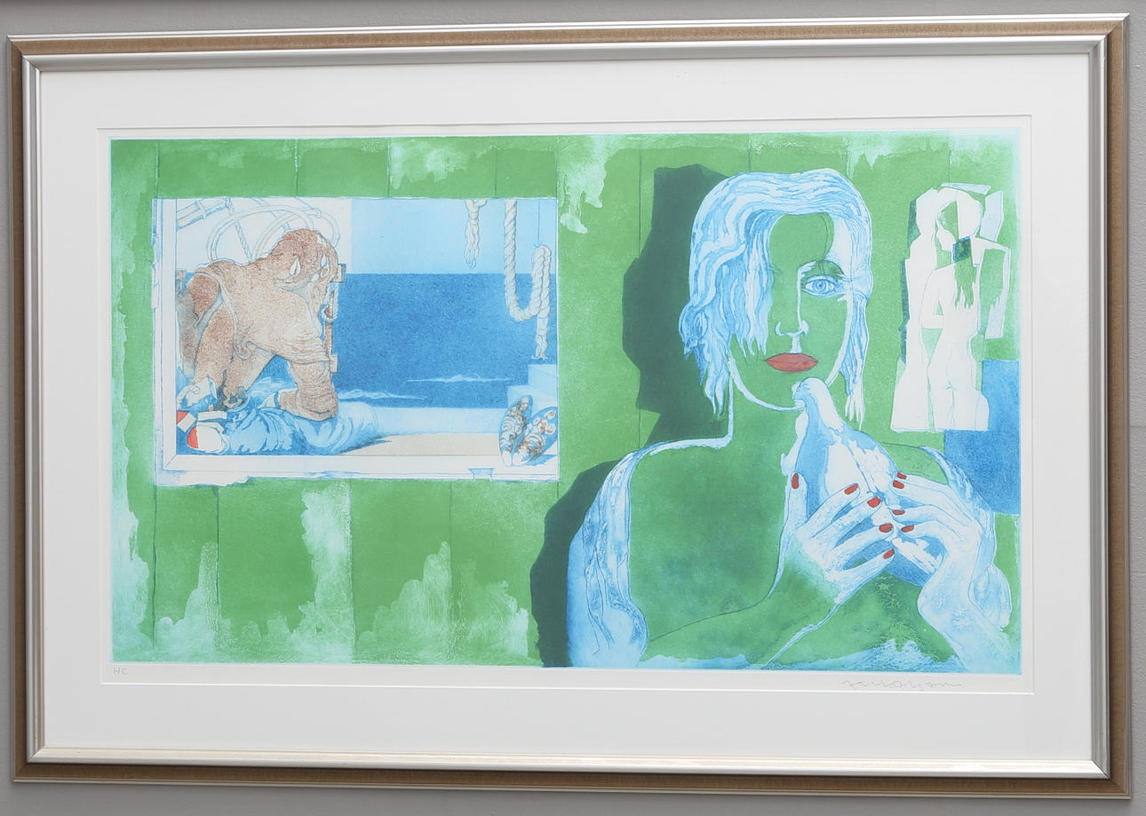 AXEL OLSON. Color etching, girl with dove, signed, numbered HC. 58x99.