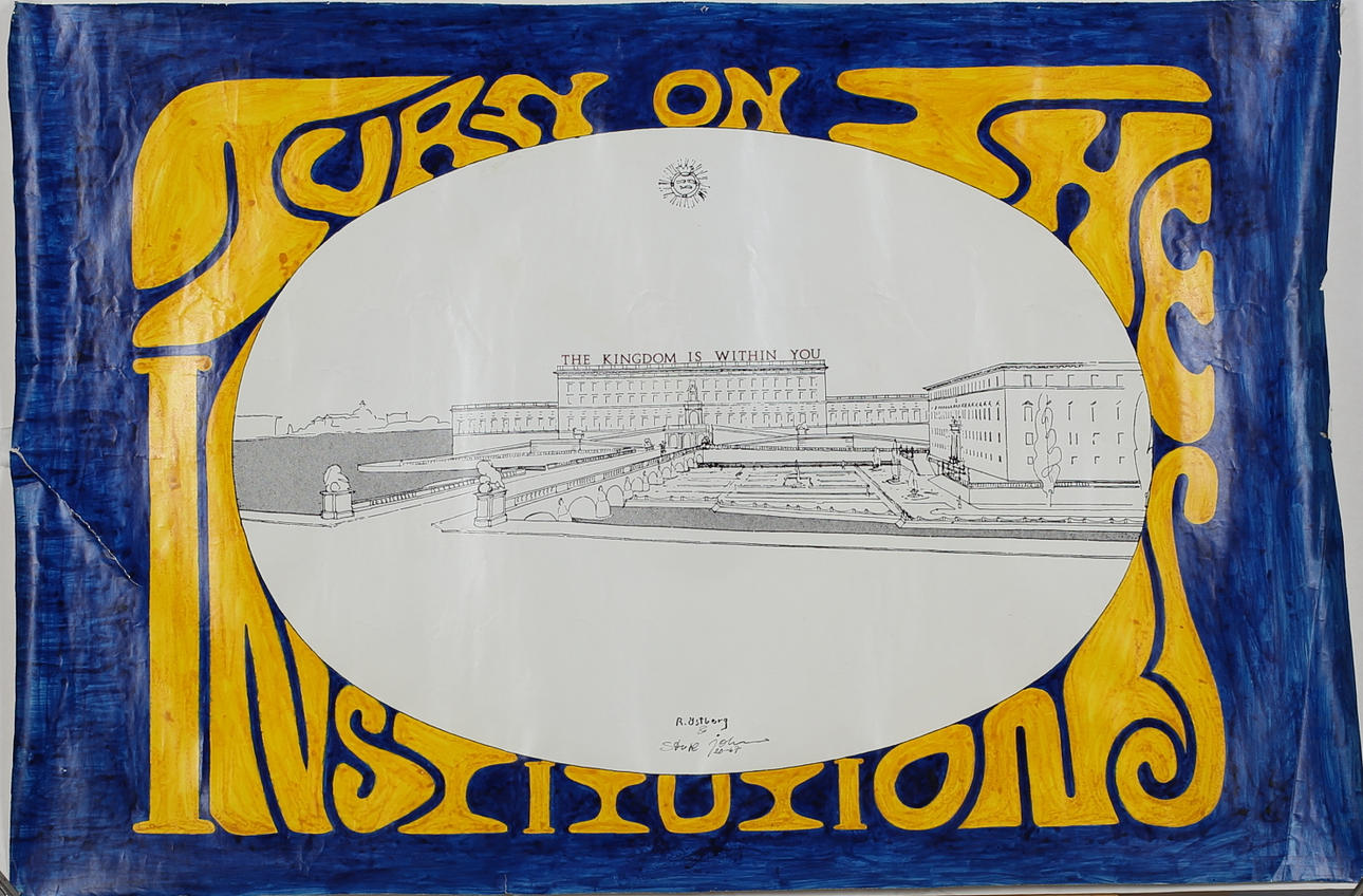 STURE JOHANNESSON. Turn On "The Institutions! The Kingdom is Within You! 1967. Bemålat offsettryck. Signerad R Östberg & Sture Johannesson och daterad 20 - 67.