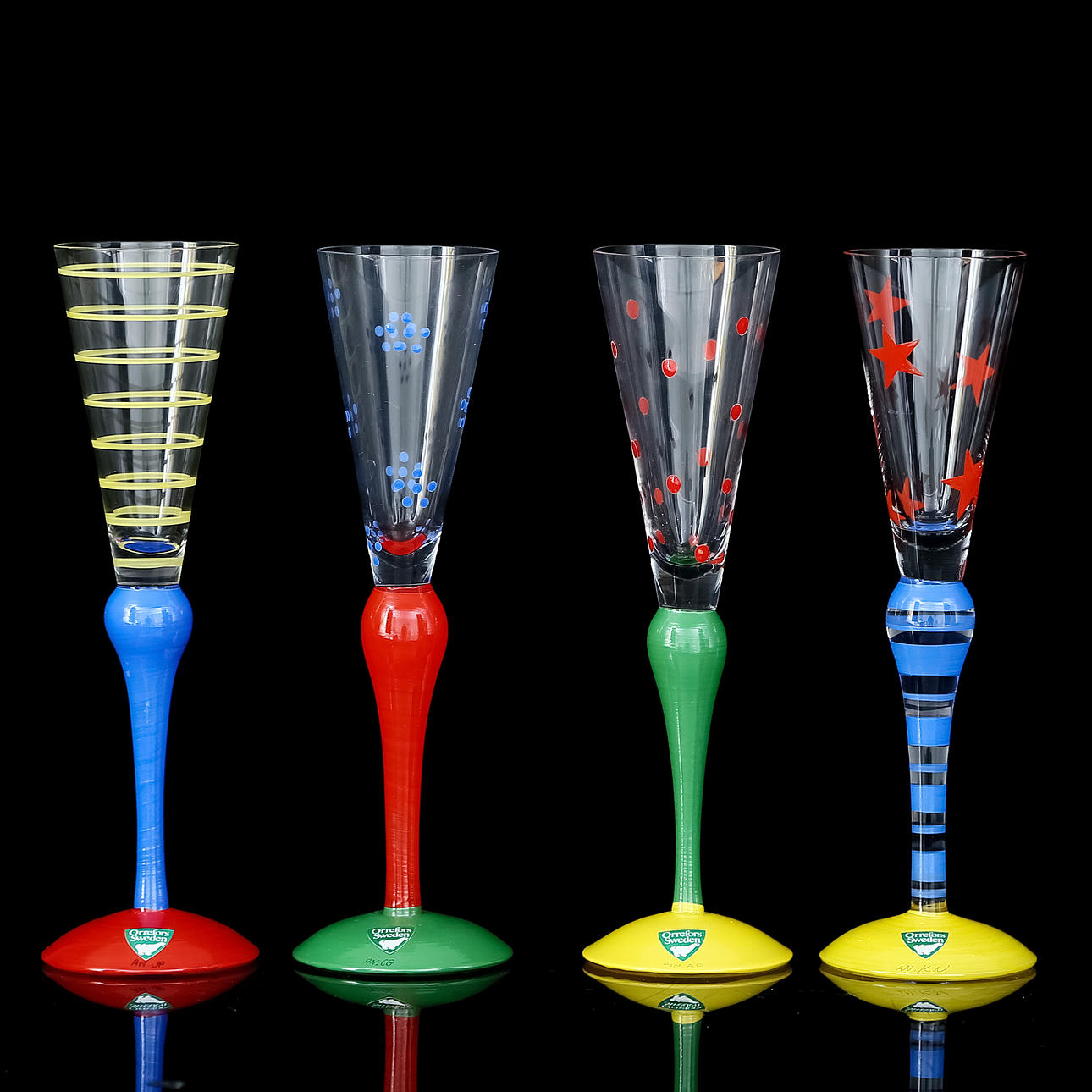 SNAPSGLAS, 4 st, "Clown", Orrefors, Anne Nilsson, 1900-tal.