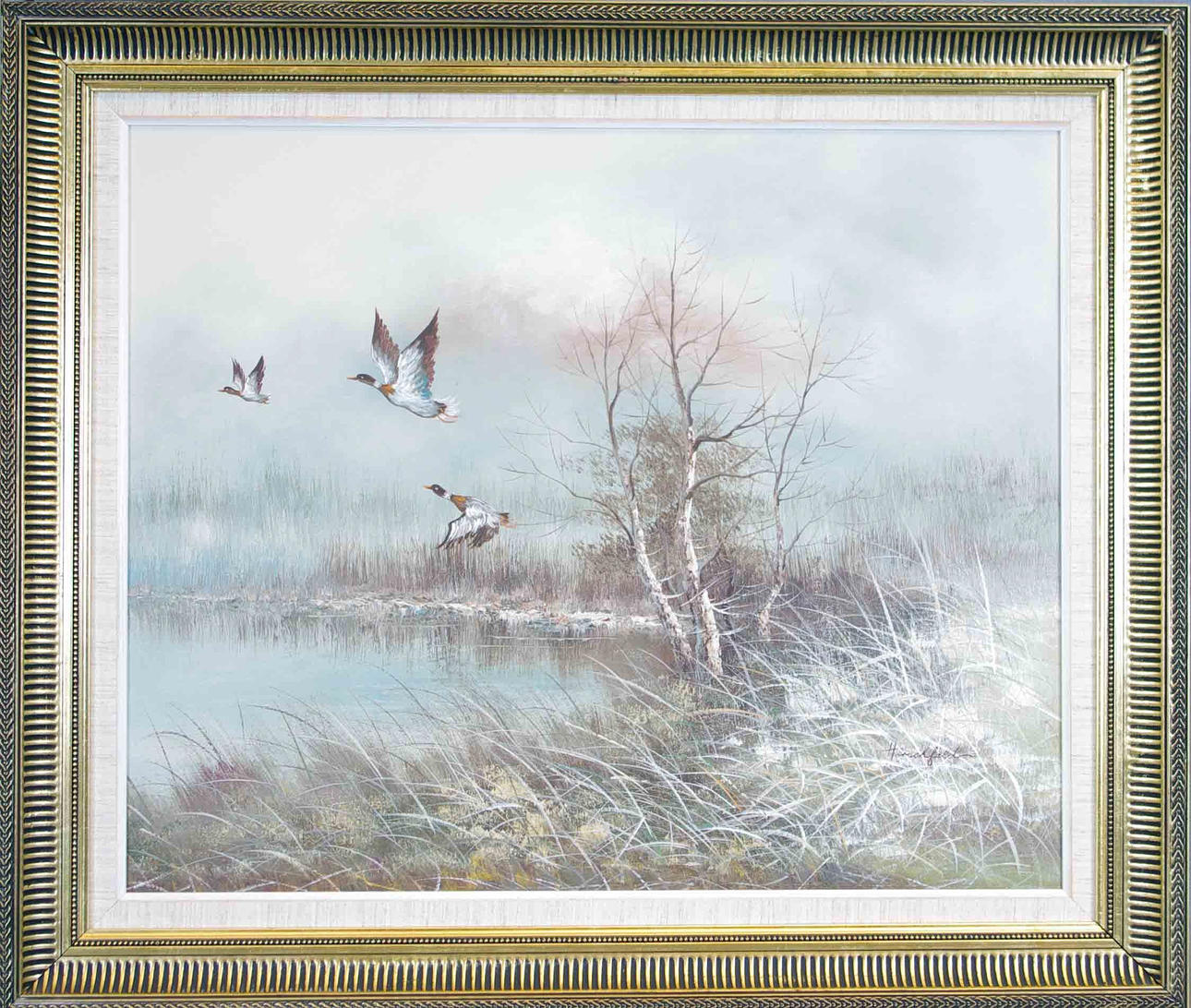 OKÄND KONSTNÄR. flygande änder, olja på duk.