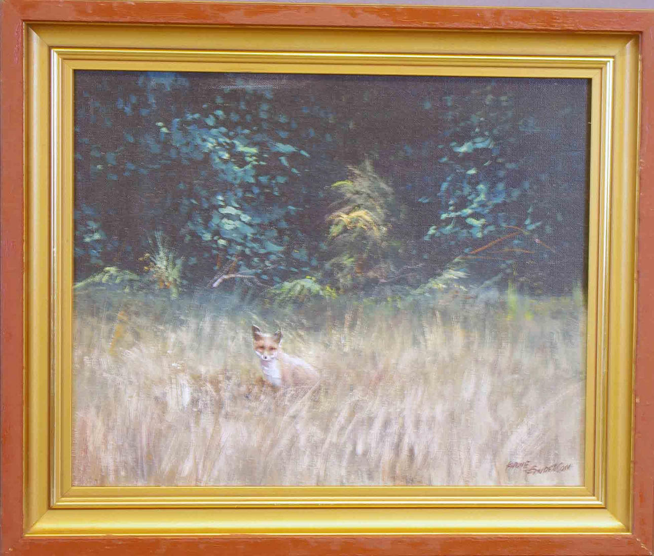 ARNE ANDERSSON. räv i sommarlandskap, olja på duk.