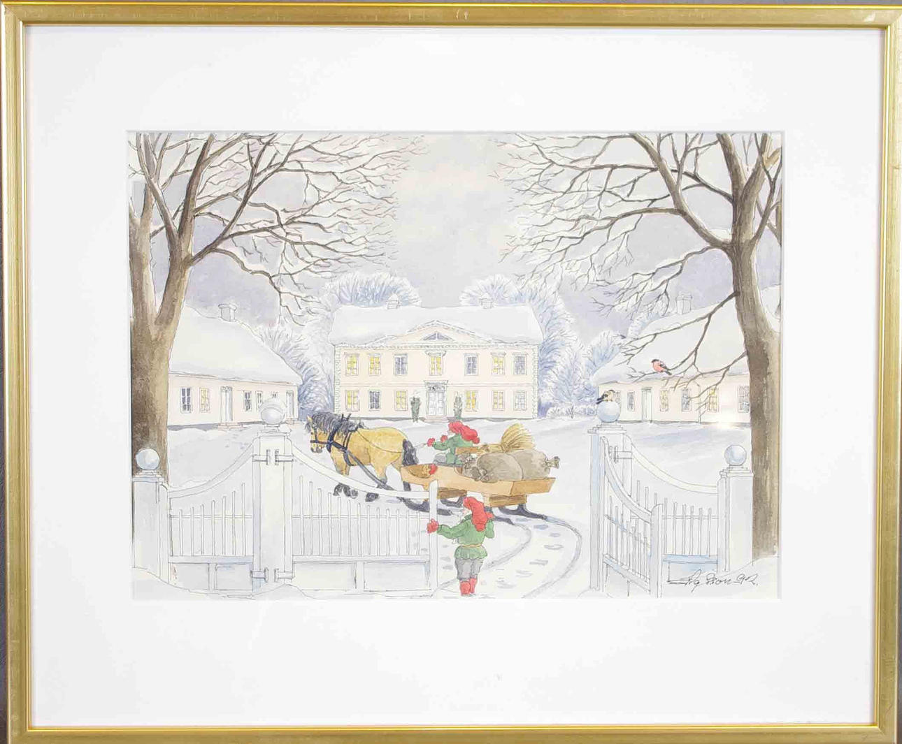 STIG SVENSSON. gård i vinterlandskap, akvarell.