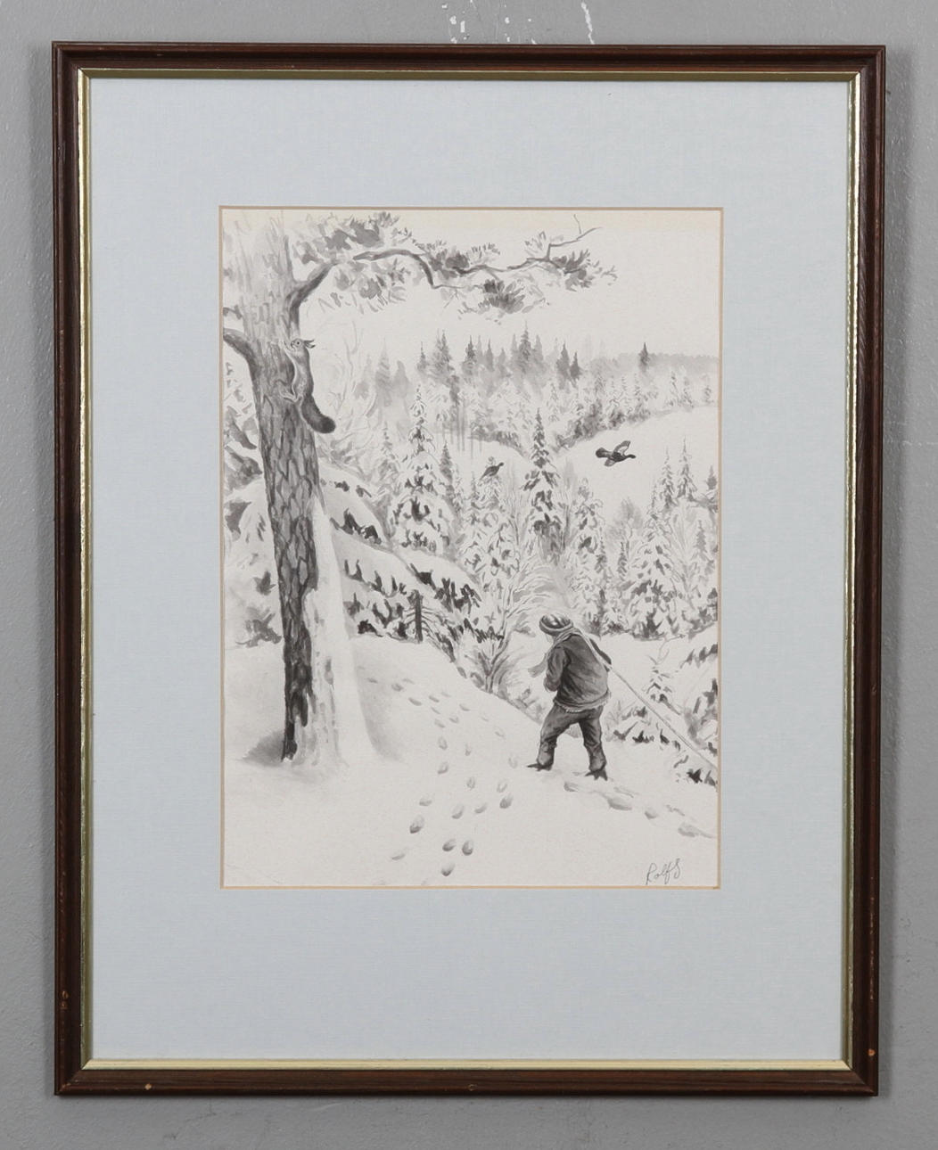 ROLF SVENSSON. Vinterlandskap med pojke och ekorre. Lavering. Signerad Rolf S.