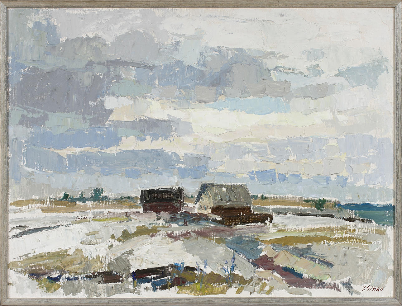 IMANTS SINKA. "Sjöbodar, Öland" Olja på duk, signerad I. Sinka.
